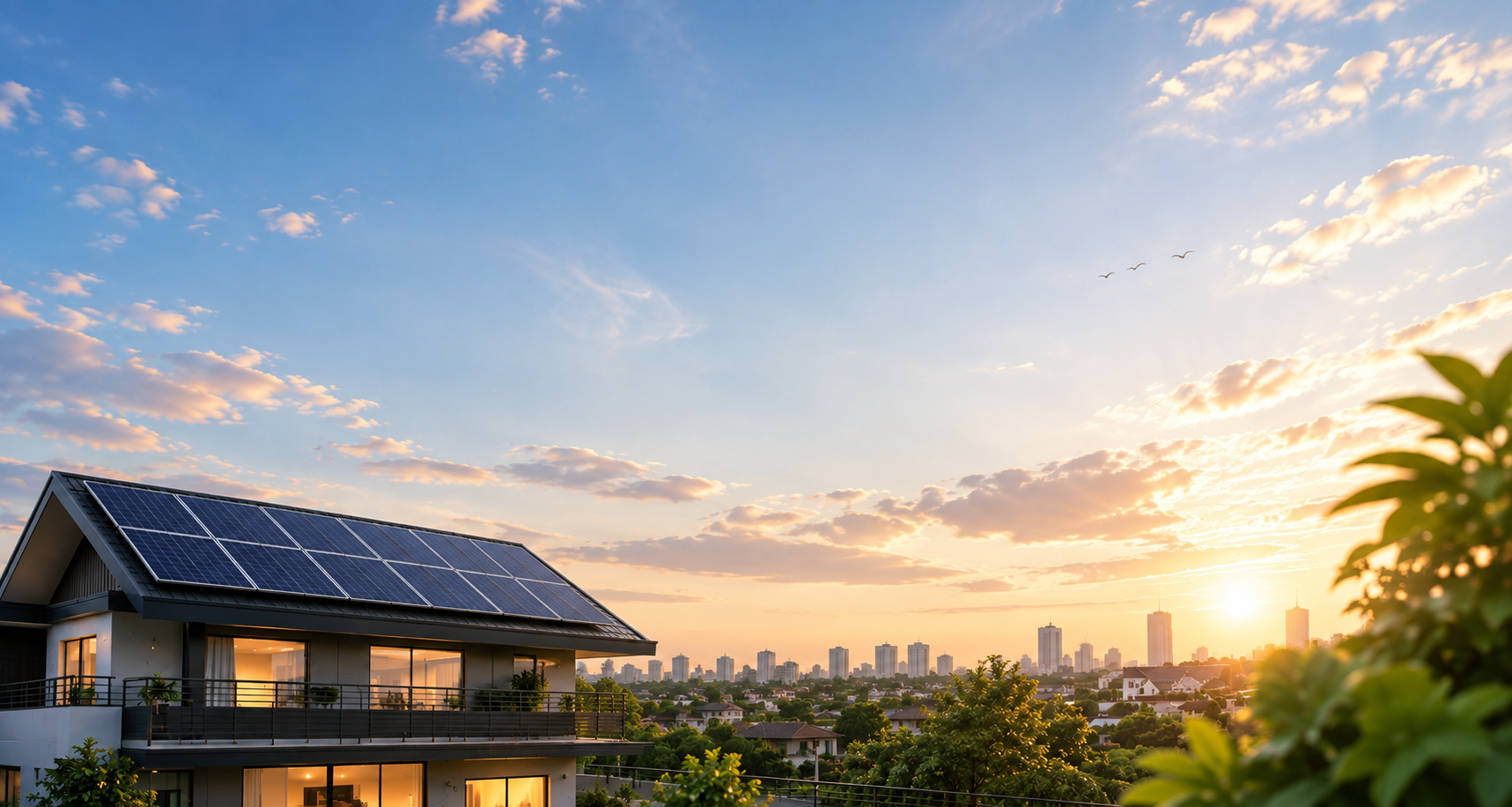 Rooftop solar installation at sunset overlooking the city